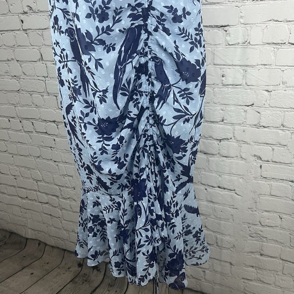Eliza J Blue Macaw Bird Floral Sleeveless Textured Ruching Midi Trumpet Dress 8 - Picture 6 of 13